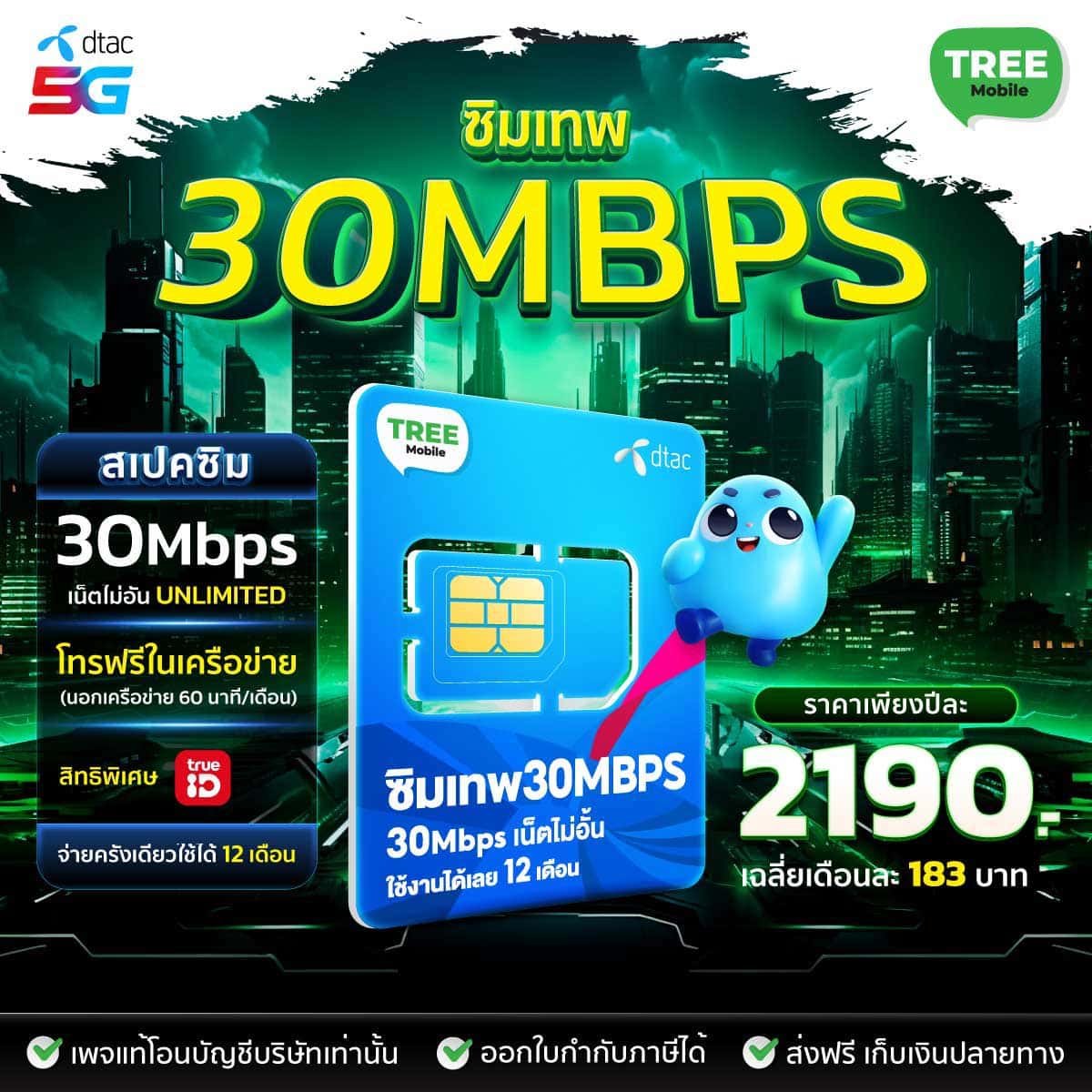 ซิมเน็ตรายปี DTAC 30Mbps
